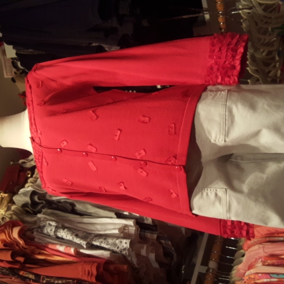 ANN TRINITY ♡ Gorgeous Red Ribbon Sequin Embellished Bling Button Front Blouse M - Picture 7 of 16